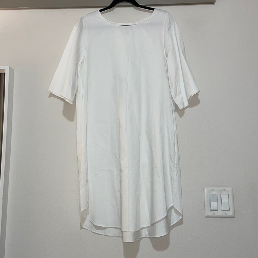Flats by Jan Niemi White Elbow Sleeve Pleat Back Dress SZ L VGUC